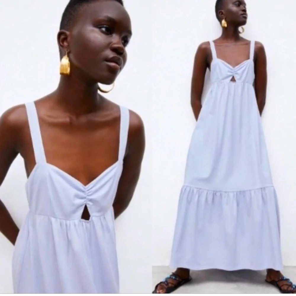 Zara Maxi with Keyhole Opening Smocked Back in Light Blue Size Large NEW! - Picture 3 of 9